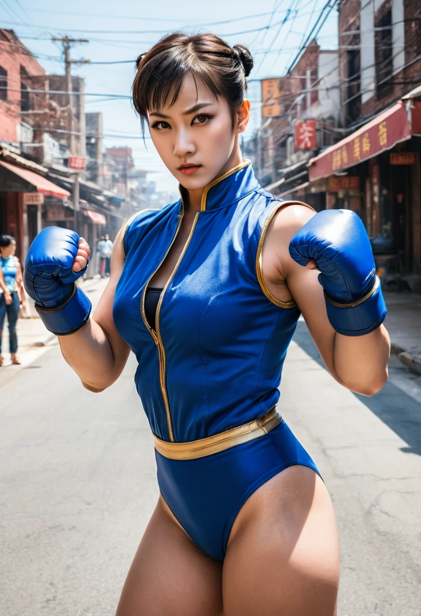 score_9, score_8_above, score_7_above, BREAK, score_9, 1 girl, Chun Li (\Street fighter)\, black fur, Brown eyes, makeabove, eyelashes, short hair, old, looking at the viewer, fist in hand, Lips, alfa_lasts, blue Monkey, blue leotard, blue vest, sleeveless, cowboy shot, landscape, Street