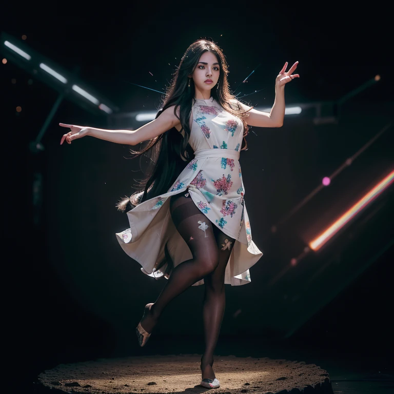 (full body:1.5),(1girl:1.3),(view the viewer:1.4),(anatomy correct:1.45),(Dancing on high mountain peaks:1.3),(very thick printed pantyhose:1.4),(indian girl black frock long hair :1.35), (Light particle effect:1.3),(In pink | amarelo | blue colors| green color |red color | white colors| black in color| purplish color| greys| Beige| Flesh color 1.4),(black eyes:1.3),(Large amplitude action: 1.3),(Accurate and perfect face:1.4),hyper HD, Ray traching, reflective light,structurally correct, Award-Awarded, high detail, lighten shade contrast, Face lighting,cinmatic lighting, tmasterpiece, super detailing, high quality, high detail, best quality, 16k,High contrast,