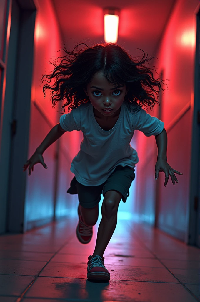 A girl with dark skin, she has brown and desperate eyes. Her hair is curly and brown in color.. She is running down the hallway lit by red and blue strobe lights.. In the fanart drawing style