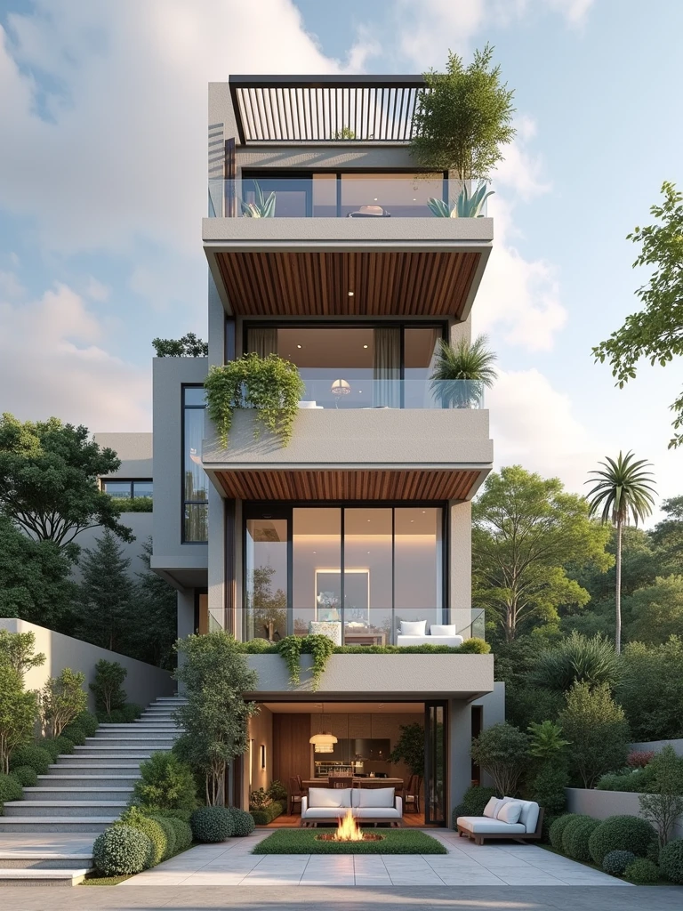 The space is designed according to Feng Shui rules, colors, architecture, style, perspective outside the house, modern style, moderate lighting, large balcony
