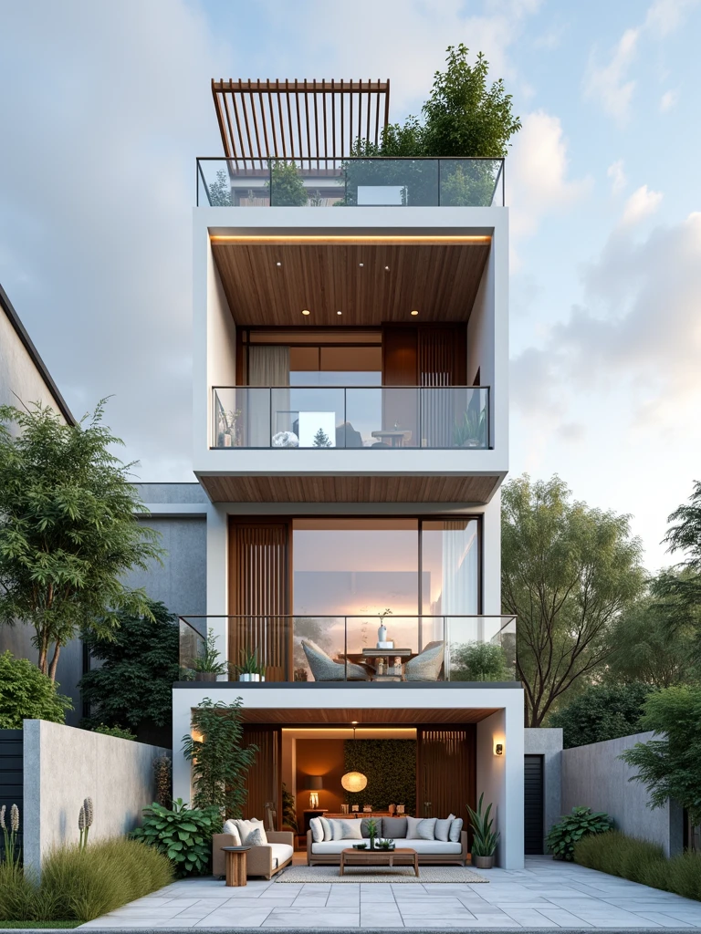 The space is designed according to Feng Shui rules, colors, architecture, style, perspective outside the house, modern style, moderate lighting, large balcony