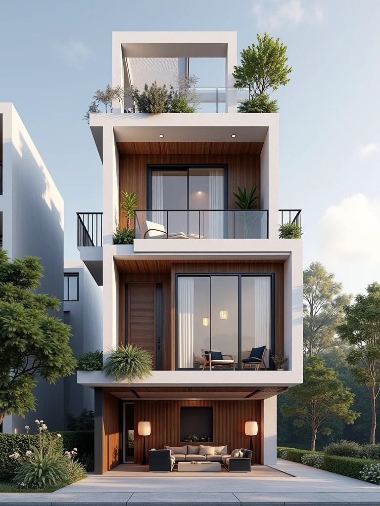 The space is designed according to Feng Shui rules, colors, architecture, style, perspective outside the house, modern style, moderate lighting, large balcony