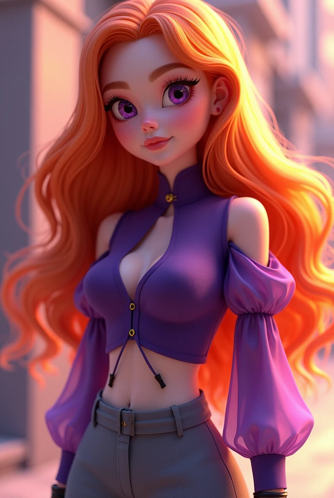 Vanessa is a very beautiful fifteen-year-old girl with snow-white skin, She has long, wavy, bright light orange hair that is usually styled half up with two strands falling down her beautiful face.,She has almond-shaped light purple eyes., her face is heart-shaped and she has a small nose and salmon pink lips, She wears a dark purple long-sleeved shirt that is puffed up around the arms, being a little more transparent there, and around the wrist, being glued with half of the shoulders uncovered in the shape of a triangle., He is wearing elegant grey trousers and black ankle boots..((3D style)) ((Style Miraculous ladybug)).
