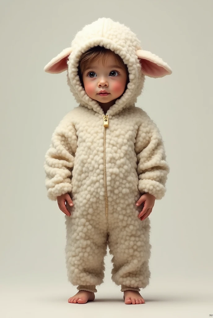 Realistic full-body portrait of a child standing wearing a sheep costume