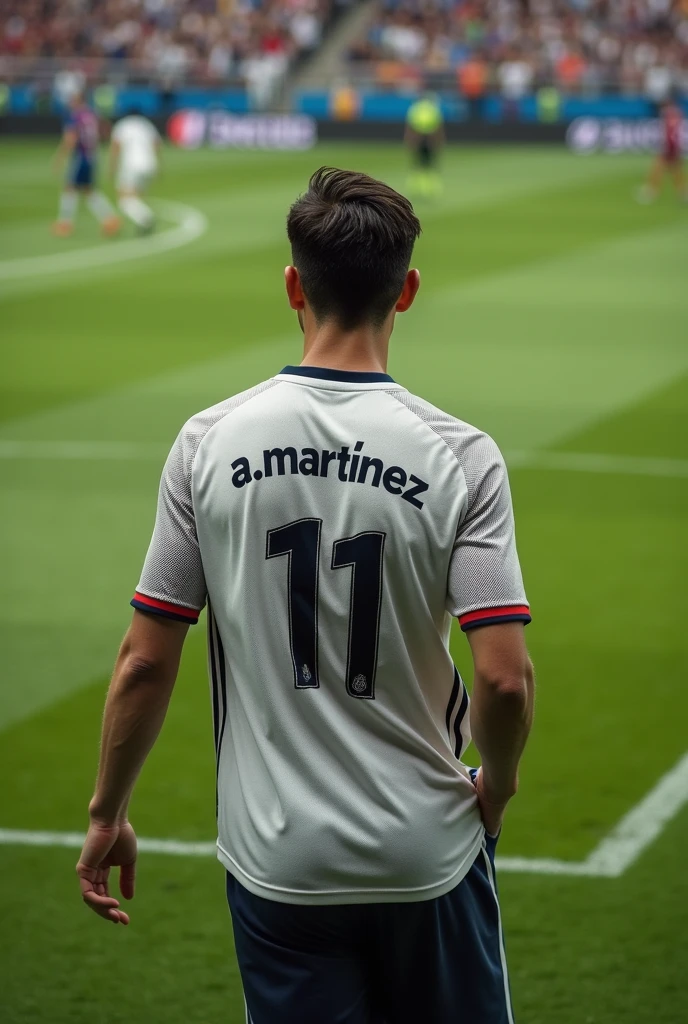 Create a realistic photo of a person from behind playing soccer with the number 11 on the shirt with the name A.Martínez