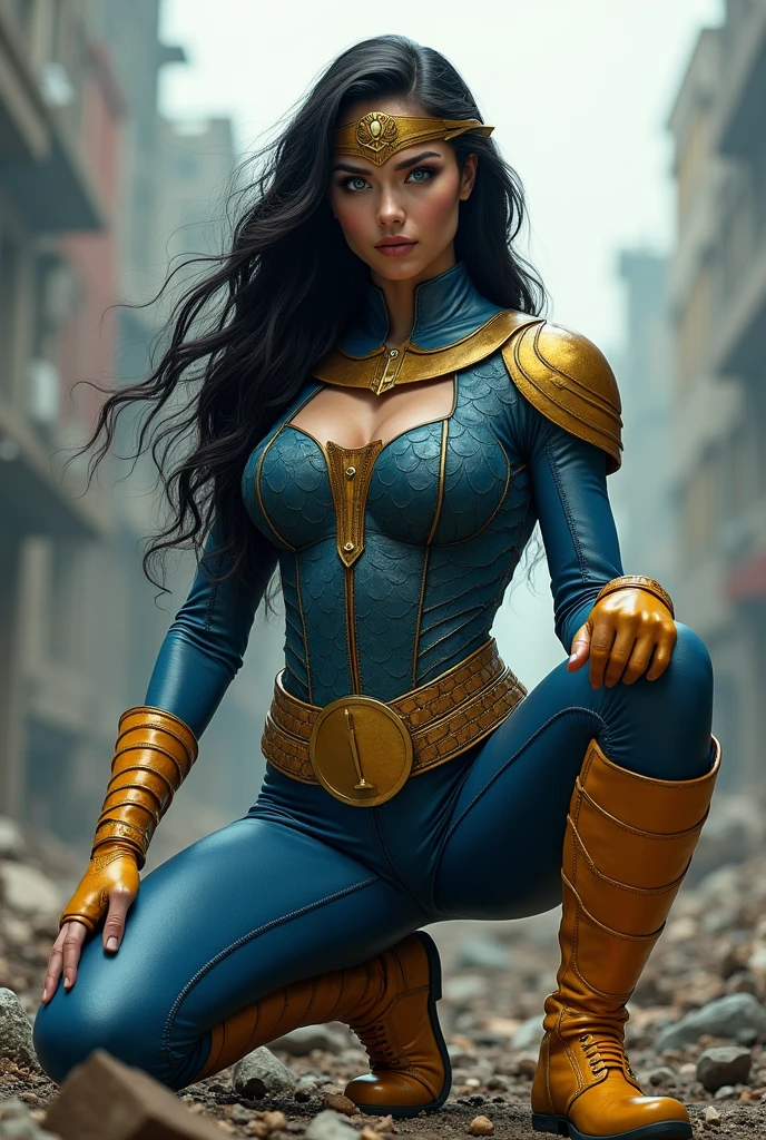 (((A beautiful woman under the cloak of Big Barda has long hair (((with a diaema in golden circles on his forehead))) His eyes are light blue. Her superheroine costume is samurai themed.. His suit usually has a (((blue leather jumpsuit with scales))) and a gold-colored armor top over his one-piece suit, wide and thick gold-colored belt, burnt yellow boots and gloves (((on his knees in an apocalyptic city with much destruction)))