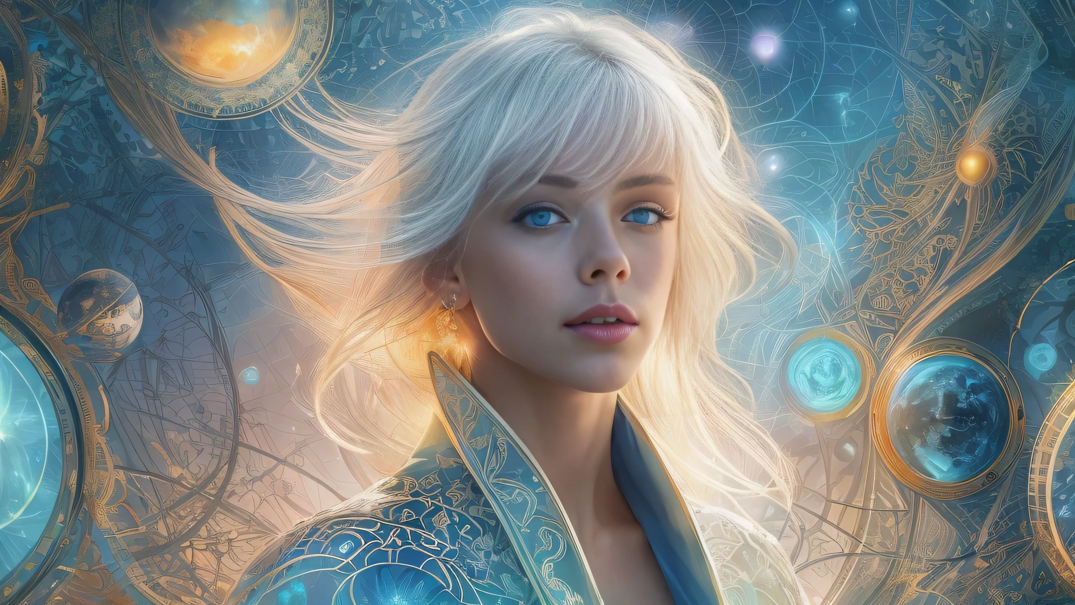 8k (wide angle shot) of beautiful white-haired 1 girl, (intricate, sheer, transparent, translucent,(no clothes:1.2)), From another dimantion intricate, beautifull face, sublime, elegant, side lighting, highly detailed, digital hyperrealistic photography, hyperrealistic photography filigree, shyness, most beautyfull face, (masterpiece, sidelighting, (finely detailed beautifull blue eyes: 1.2)), wide prespective for backraound,dimention where everything and everyone is beautiful, everyone are good and kind, everyone are important, there is enough for everybody to eat and drink and where no one is left out and lots of happyness and love. Abundance for everybody, bright pastel farytale surroundings, with high futuristic buildings, shops, lots of greens like trees and plants, long blue, yellow and pink hanging plants and 3 men and 4 women with a likeness of a fairys light skin pale skin delicate figure in a white or pale golored cloaks and doing some errands on the street in this science fiction style city. A solar system with vibrant-colored planets and exotic atmospheres, depicted in a science fiction style. HD, 8k, vivid colors, HDR effect, color palette, illustration, photo, 3D render, vibrant, portrait photography.
