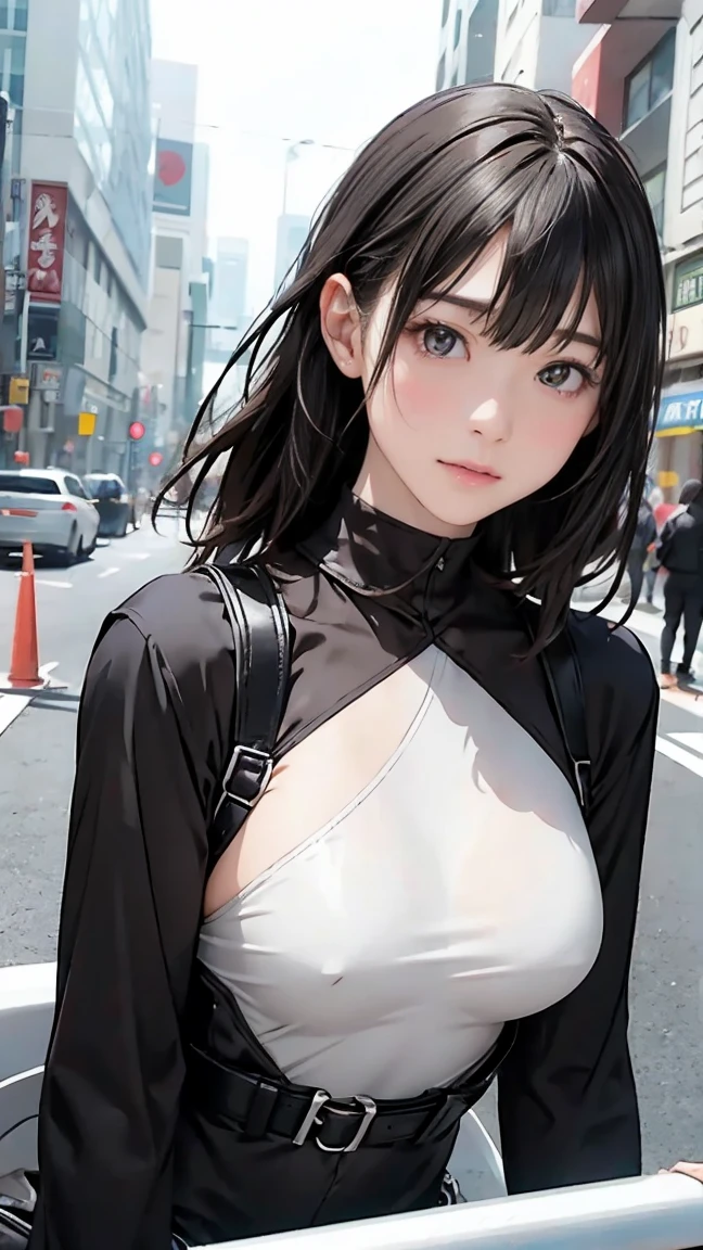 high resolution、High definition、High sensitivity、8k.Japanese、、1、cute、Idol face、Two Side Up Hair、slender、Mid-chest、(black and white high leg bodysuit:1.2)、See-through、Harness Belt、Gun Holder、（POLICE armband:1.3)、squat、（Hold a gun、Firing：1.3）、bustling street、