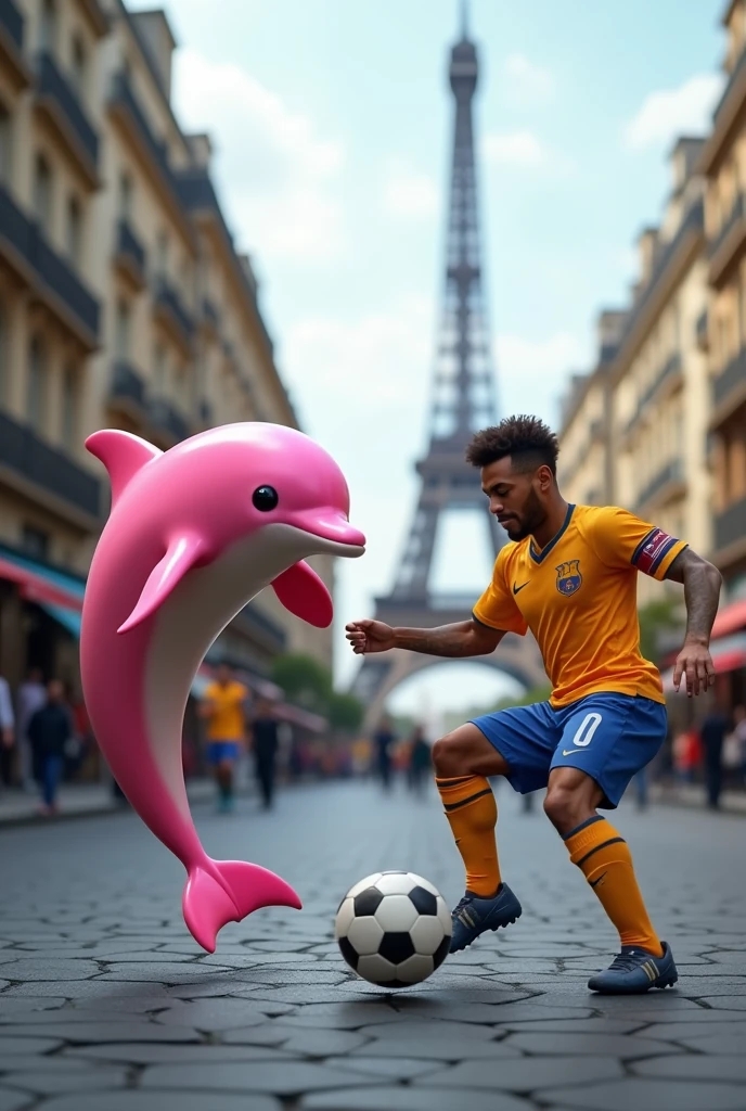 Make a realistic pink dolphin playing soccer in Paris against Neymar