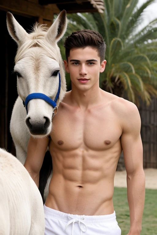 Young handsome cute beautiful skinny white face without shirt  con un burro alado de el