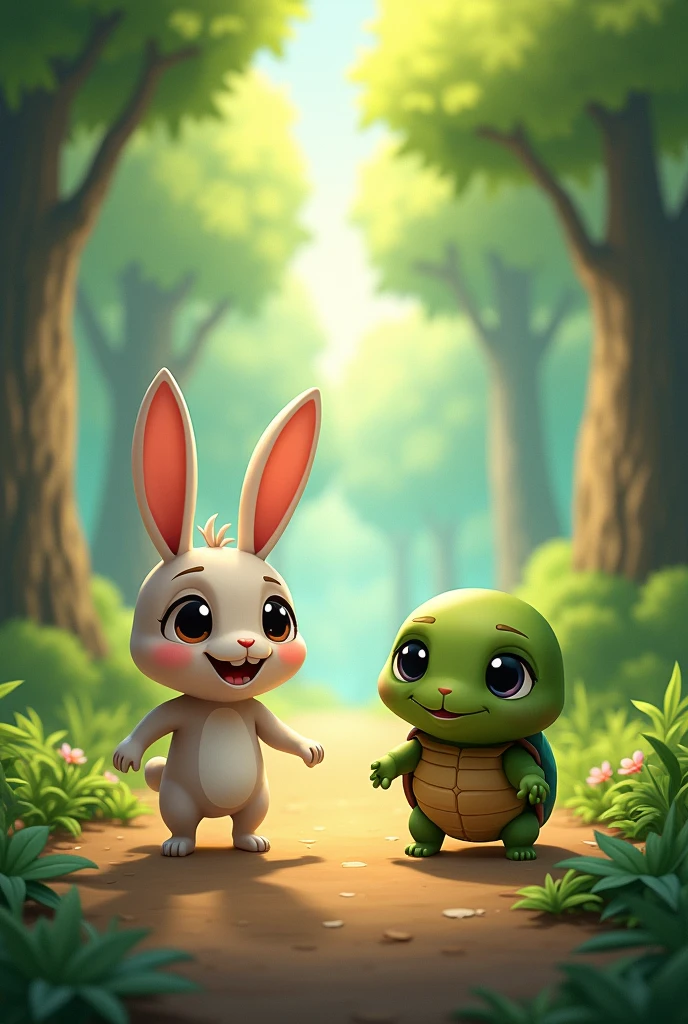 Rumi is rabbit and Tinu is tertile stand at a starting line in the forest, with a playful determination on Rumi's face and a focused, serious expression on Tinu's."
