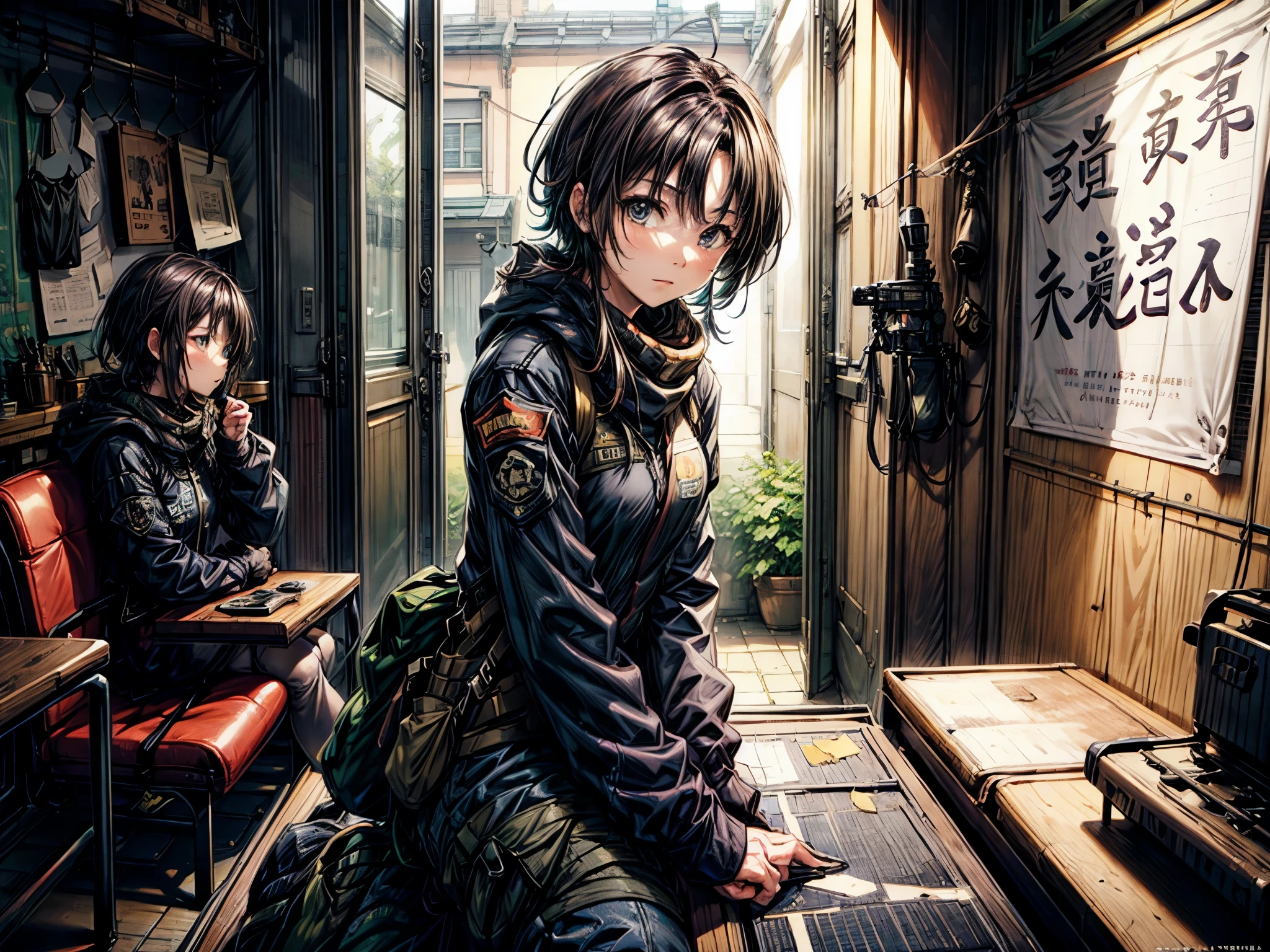 One woman、Sniper、Sitting down、Ready your gun?、Aim