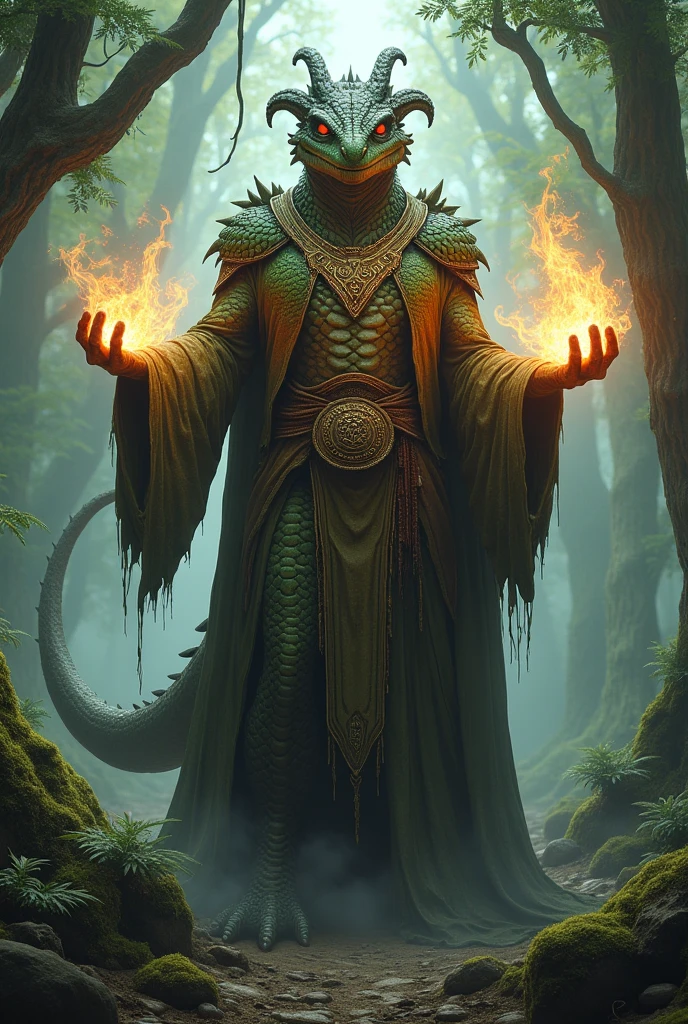 an old dragon man with a broad head dressed as a druid with spells in his hand