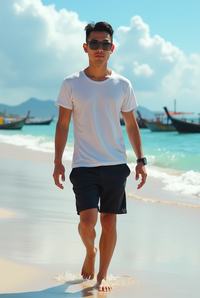 (photorealism) 1 Indonesian man ,small, thin and short body (short) ,hairstyle (slicked back),walking on the beach with waves and boats in the background ,Wearing a white t-shirt and black shorts,wearing black photochromic glasses ,barefoot ,