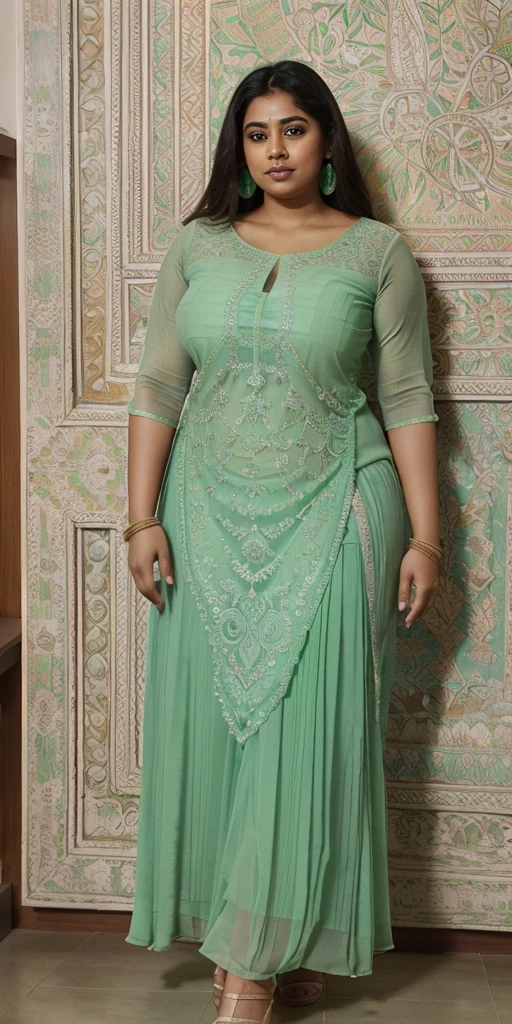 Day scene, A radiant, full-figured South Indian 3 aunty a light green colour chiffon fully transparent kurta, bra visible through kurta, ,standing, in a office captured in a full-body image with vibrant hues and meticulous details. Full body image