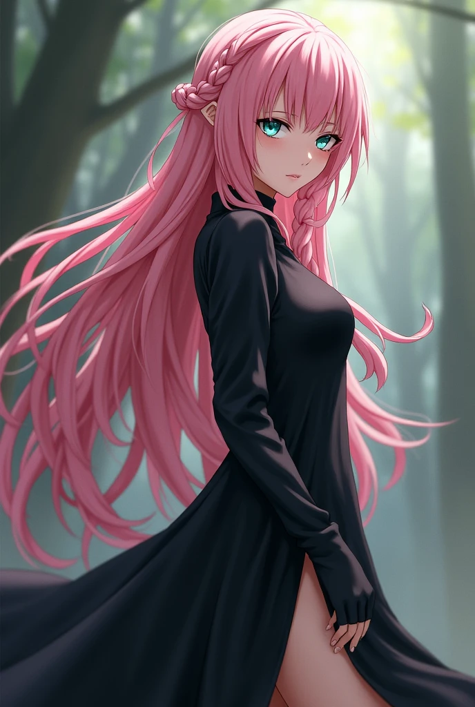Sakura Haruno with jade green eyes and long light pink hair that is braided and wears a long black dress with a deep slit on the side