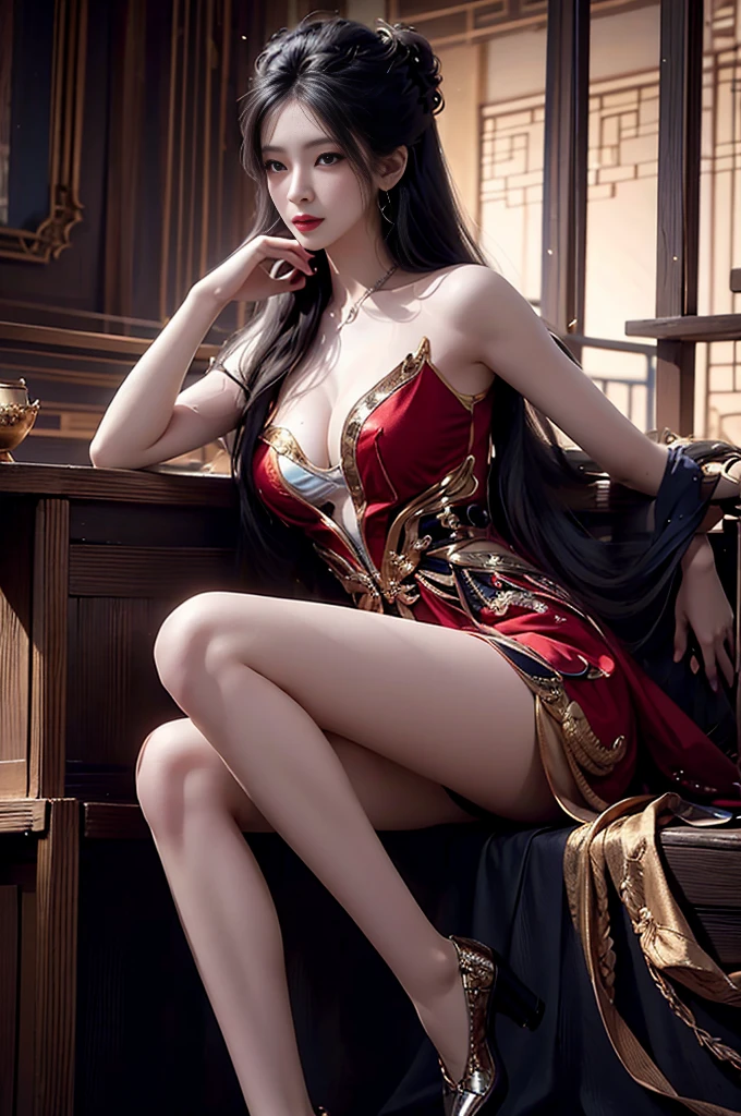 ((Girl lying in a bush))、Phalaenopsis,Lilac dendrobium、orange lily、White Lily, A beautiful and moving woman, in an elegant pose, her full breasts on display.,Visible cleavage,Sexy long legs,Variety of slim and cute beauties, Her long hair cascades down her shoulders like a waterfall。She smiles radiantly,Eyes sparkle,Her skin is flawless。Her curves are highlighted。Sparkle in the light,The colors are soft,She lay confidently,One hand on hip,Her posture is both graceful and strong。She wears elegant high heels,Goes well with her outfit。In the warm golden sun。The overall atmosphere of the image is tranquil and uplifting,Emphasizing natural beauty and elegance, Studio Lighting,Bright colors, Sweet maiden, sweet smile, make up,shy,Blush,Parted lips,Heavy breathing,moan,Surrealism,Realism,Movie Lighting,Relief,Sony FE GM,Retina,masterpiece,precise,Anatomically correct,Textured Skin,Super Detail,High Detail,best quality,rich and colorful