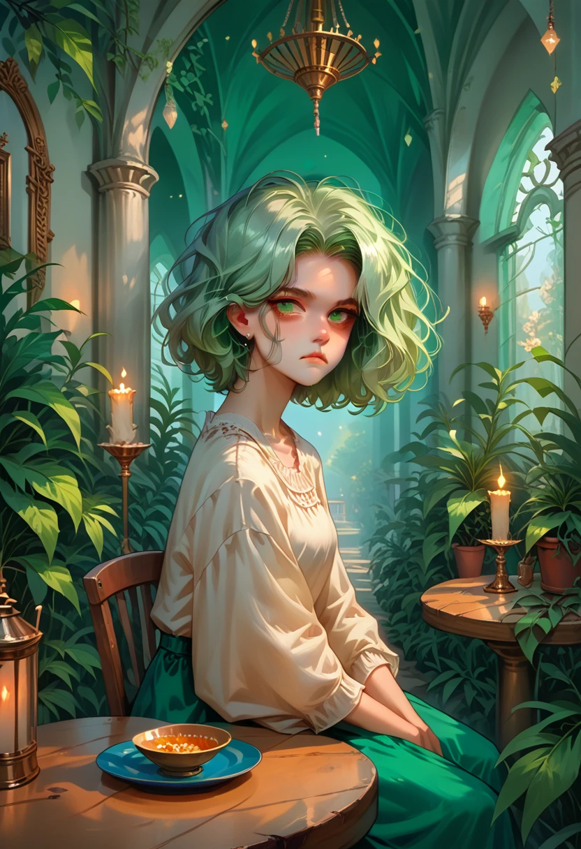 masterpiece, best quality,ultra-detailed,hyper details, cinematic light,, 1girl, solo, sit, outdoor, summerhouse, sitting in the summerhouse,  plants, table, chandelier, candle, wind, green eyes, pan-green silver hair, short hair, animal_ears, animal_ear_fluff, floating hair, light, light frown, profile,looking at viewer, dynamic_angle