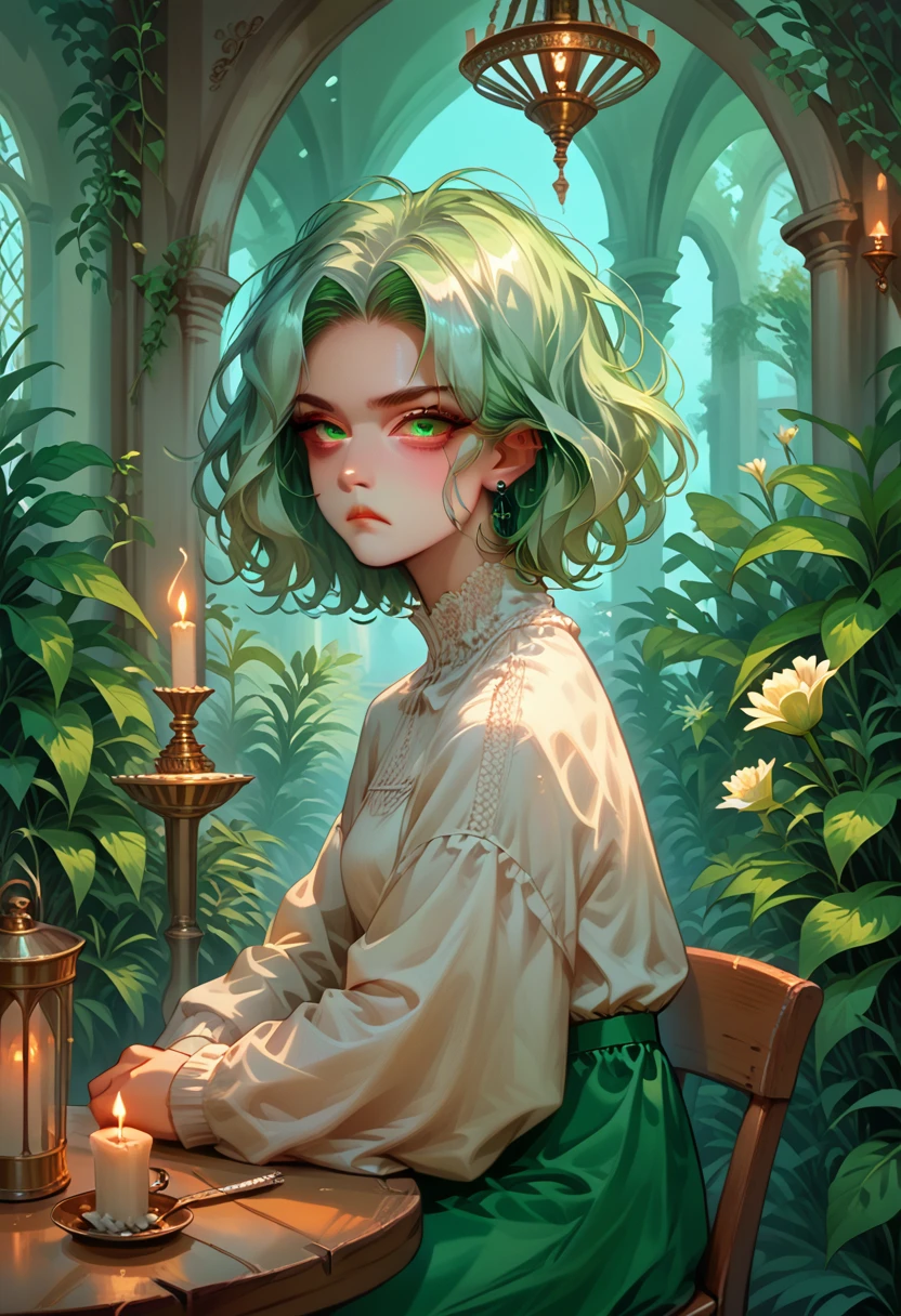 masterpiece, best quality,ultra-detailed,hyper details, cinematic light,, 1girl, solo, sit, outdoor, summerhouse, sitting in the summerhouse,  plants, table, chandelier, candle, wind, green eyes, pan-green silver hair, short hair, animal_ears, animal_ear_fluff, floating hair, light, light frown, profile,looking at viewer, dynamic_angle