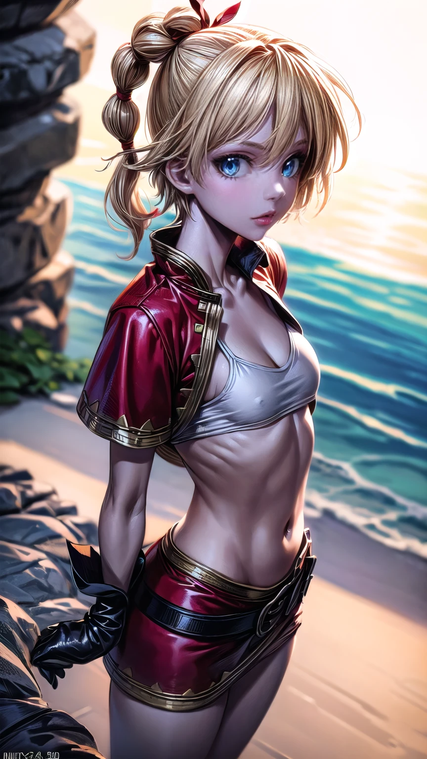 1 adult woman, character "kid" from chrono cross, 20 years old, ((mature face)), various detailed facial expressions, yellow hair in a high braided ponytail, (medium small bust:1.4),standing on white sandy beach, in various fighting poses, fitted jacket 3/4 cropped, white top under jacket, tight fitting micro skirt, loose leather boots, ankle wraps, detailed face, detailed eyes, detailed lips, highly detailed, 8k, ultra-detailed 90s era anime style, cinematic lighting, vivid colors, dramatic shadows, masterpiece, award winning art, wide angle, (full length portrait), strong_negative, micrsk3rt, bikini underboob, navel, no bra 