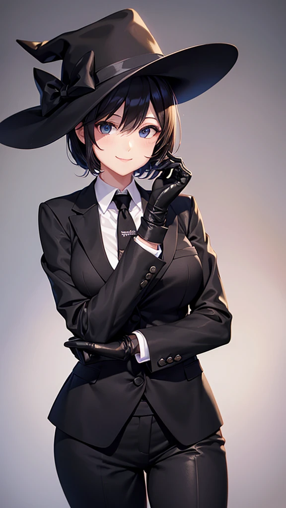 A woman in a black suit tie smile Black gloves