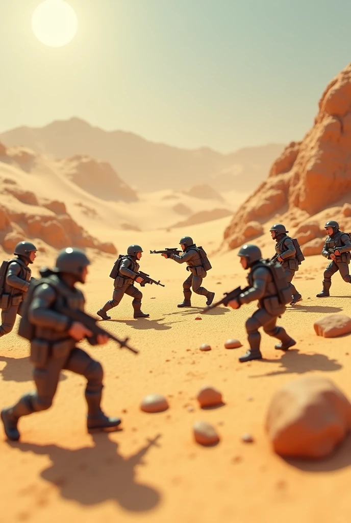 Miniature of some soldiers (maximum 4, 2 vs 2) fighting (with some dead) in a desert. Let it be video game style, not so realistic.
