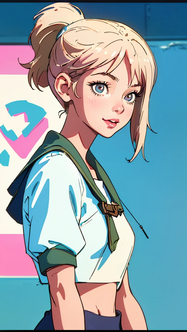 highest quality, masterpiece), 1 Girl, 1980s \(style\)Beautiful smile,Gazing at the audience, \(style\)Upper Body,pin up ,　 \(style\)Khaki hair color,\(style\), Yoga Studio,\(style\), citypop, lofi,\(style\),1980s fashion,casual,1980s fashion, (Highest quality, masterpiece), Crop top, 