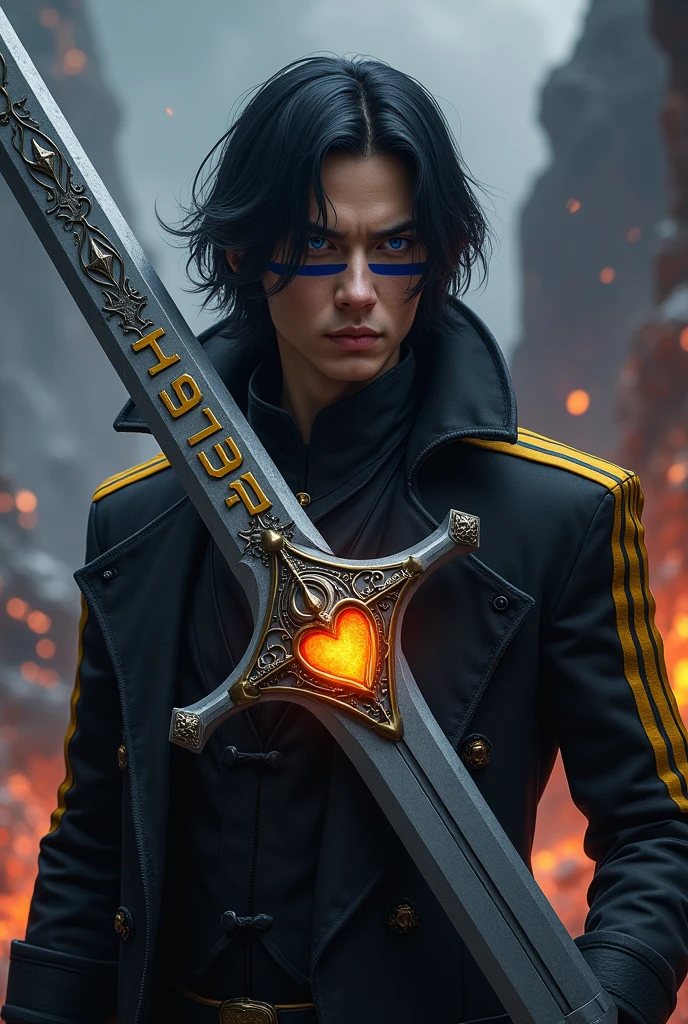 A 2 man, with medium black hair, with blue eyes with blue stripes near the eyes forming a line, with a black overcoat with yellow stripes, with a thin long sword, with a volcano heart inside the blade, but the blade is gray and has Helsen written in yellow on the blade, RPG style.