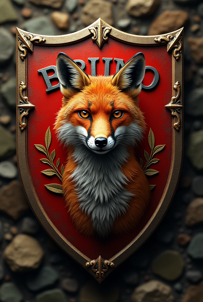 Shield with the name Bruno with a fox in the middle