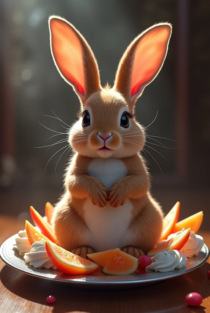 Cute and detailed bunny in a casino、、full - length portrait、Shoot directly above the center of the front of the body、Close it、（It sits on a large silver platter decorated with cut fruit and whipped cream.：1.4）、（Thighs raised and legs wide open：1.7）、(Decorate her body with cut fruit and whipped cream:1.5)、Ideal body type、Medium chest、Slim and detailed waist、Exquisitely detailed ass、Beautifully detailed groin、Exquisitely detailed thighs、beautifully detailed eyes、beautiful  face、captivating stare、flowing brown hair、Ultra compact、8k、hyper realist、dramatic lighting、Bright dark、dramatic atmosphere、chic、functional、standing alone、photorrealistic、Awards、exquisite detail、volumetric lighting、swirly vibrant colors、cinematic、work of art