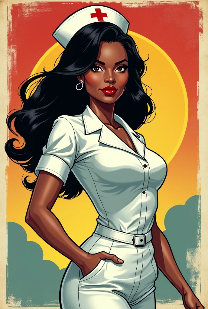 Retro comic nurse, dark skin long black hair