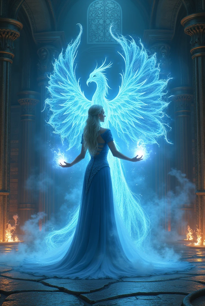 female fey sorcerer, Mastering spell, translucent phoenix-shaped aura rising from hands, shimmering anthraquinone blue mist, fluid hydrodynamic fire effect, subtle magnetic energy flows, ethereal and hazy phoenix silhouette, gently swirling magical energy, magic academy, ancient runes archive, engraved shelves, ancient scrolls, enchanted quills, preservation globes, enchantment detectors, translation devices, guardian golems, archive wraiths, enchanted locks, magical atmosphere, fantasy illustration