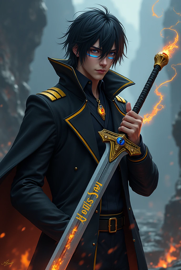 A 2 man, with medium black hair, with blue eyes with blue stripes near the eyes forming a line, with a black overcoat with yellow stripes, with a thin long sword, with a volcano heart inside the blade, but the blade is gray and has Helsen written in yellow on the blade, RPG style.