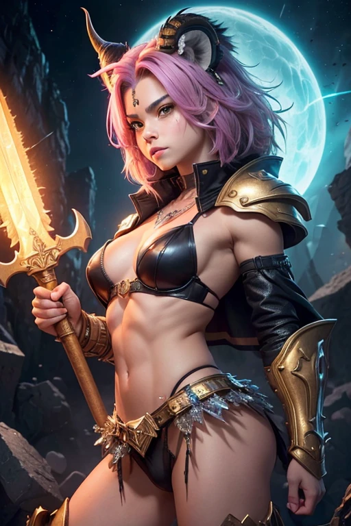 A young 15- yr old chimera girl with lovely charming face, having jade Lion skin tone pigmenting texture, (wearing nose ring), (body builder, athletic masculine size body),(having a lots of battle scar's), (jade Lion skin texture masterpiece ), (tomboyish cyber punk hairstyles look), (( wearing helmet with horns)), (serious, with exposed teeths showing large fangs)(perfect full body detailed anatomy), (Super accessories detailed), (fighting pose), (perfect detailed bright sparkling eyes),( short illuminating hair), ((expose big hard nipplwearing illuminating transparent armored panty and brith pussy clitoris ex ))((l open showing pussy line))(( Wearing illumin transparency lion costumes )), (( holding a treasure axe or treasure war hammer )), ( crystalized cliff background), (( illuminating different lights covering the sorrounding atmosphere of battle fields)) on its back wearing dark cape detailed design, has a angry face, 7 different perspective view of that same girl & face profile sheet character style