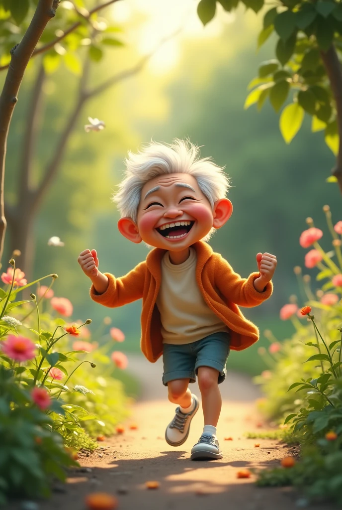 A smiling senior in a natural setting (park, garden), with an active and energetic appearance