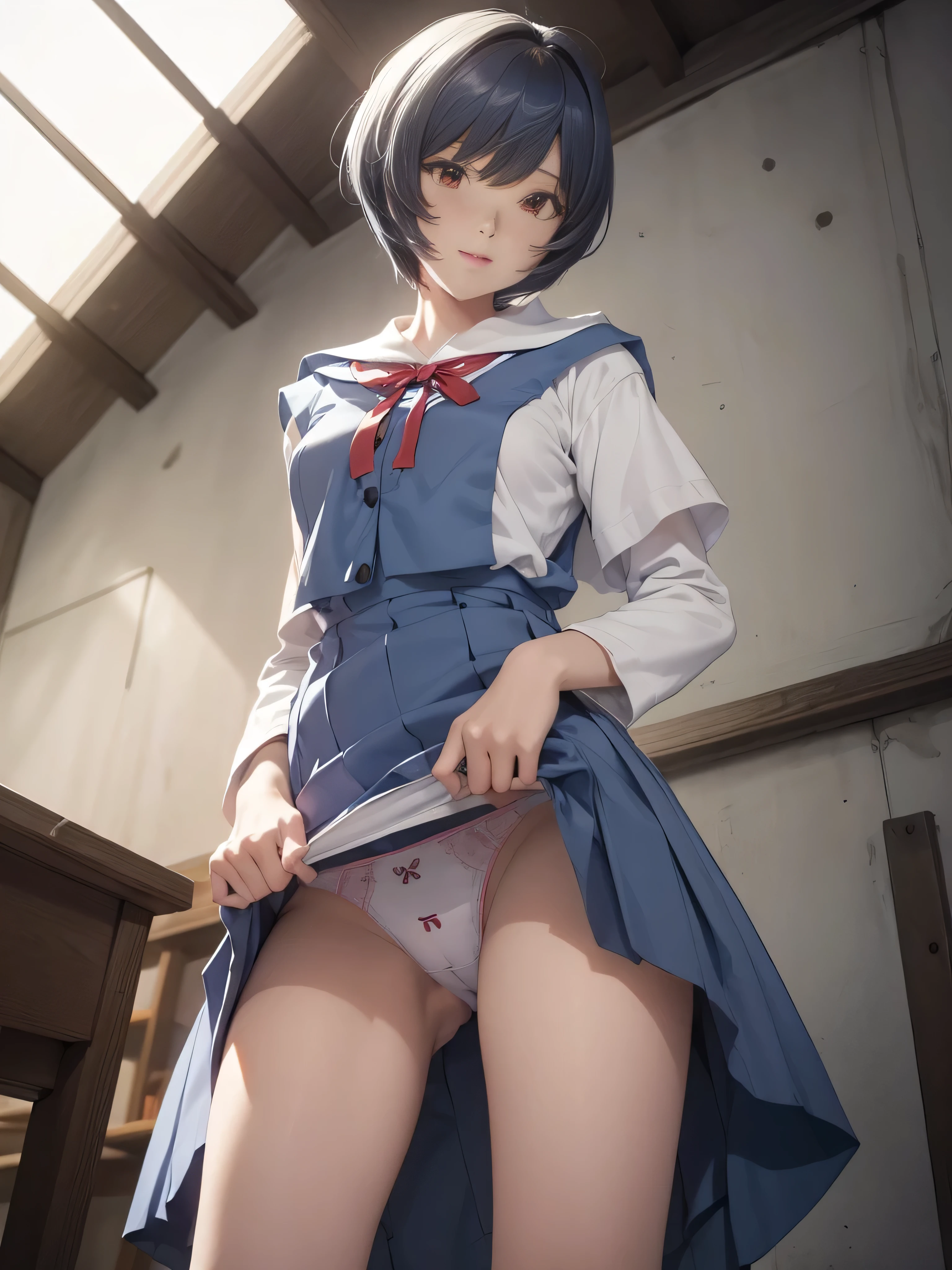 (Tabletop, Highest quality, Very detailed, 8k, wallpaper, Realistic), ((Perfect hands)), ((Perfect Anatomy)), in the abandoned building、Medium cleavage, ((Charming anime character)), ((Rei Ayanami)), ((Capture her mysterious beauty with her white skin, The dense indigo short hair is impressive)),Beautiful detailed face、A kind smile、Look at the viewers、 ((Bright red eyes)), ((Junior High School Uniform:1.5))、(Plain white panties:1.0), ((Medium Shot, From below)), Kamimei
