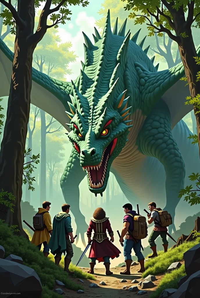 Create an image of a group of four male heroes, composed of a rogue, magician, warrior and a backpacker in a fantasy world facing a green dragon.