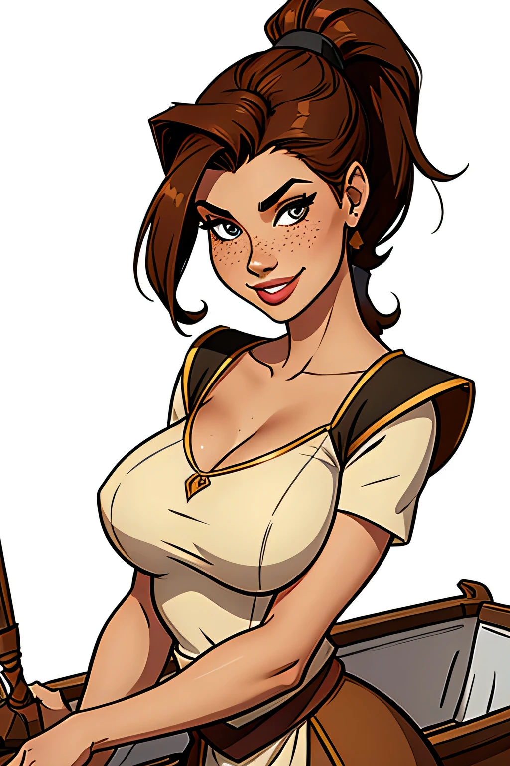 Thin woman, age 25, 4K (High definition), beautiful smile, seducing gaze, eyes browns, wearing a medieval dress ((with boat neckline, shortsleeves)), arms positioned at the side of the body, Caucasian skin, Long brown hair ((with ponytail)), upper body, curvy with freckles on her chest and neck, Large round breasts. High-quality Marvel style, white background.