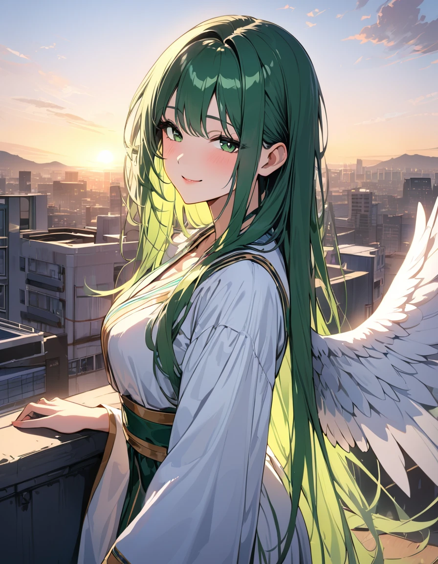 (masterpiece)、(absurdres)、(ultra detailed)、(8k),((Woman with angel wings:1.2)),Floating angel feather:1.3,(soft lighting:1.2),smiling with head tilted,cowboy shot,(Greek national costume:1.2),Hagging knees:1.1,side view:1.2,looking viewer:0.7,Rooftop of a building,sunset city,(shiny dark green hair),(dark green eyes),(straight long hair),half-closed eyes,