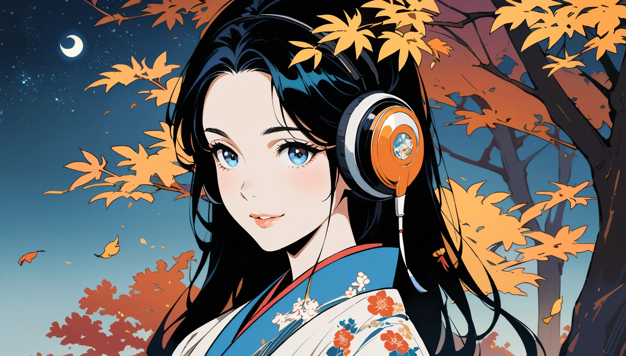 Japanese beauty, closeup of her face, beautiful eyes and lips, Hanfu, autumn scene, golden leaves, moonlight shining through the branches on her hair, in the style of cinematic photography, natural light, high definition. ((headphones)), ((background: night, starry sky)), ((ukiyo-e style)), ((smile)), ((1 girl)),