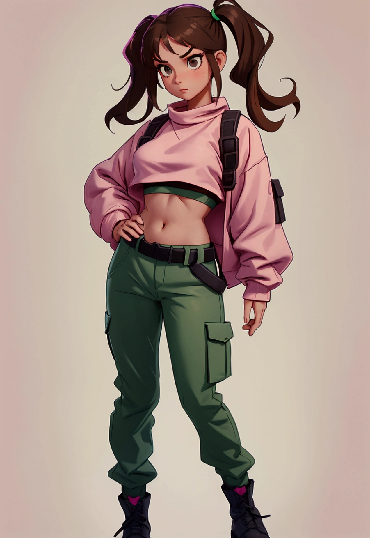 Draw a full-body adult girl with long brown hair with pigtails on the sides and a bang on her forehead, who has a thin build, dressed in a pink bra that leaves her belly button exposed and a military green sweatshirt, she will have baggy dark blue and gray pants and a cream-colored belt and black combat boots.