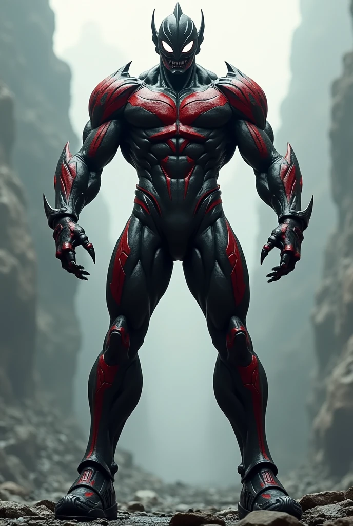 Evil Ultraman、All black and red、Excessive muscle mass、stylish、Showing the whole body、With a bad look in your eyes、Lengthen your legs、shoes、Claws、Stand upright