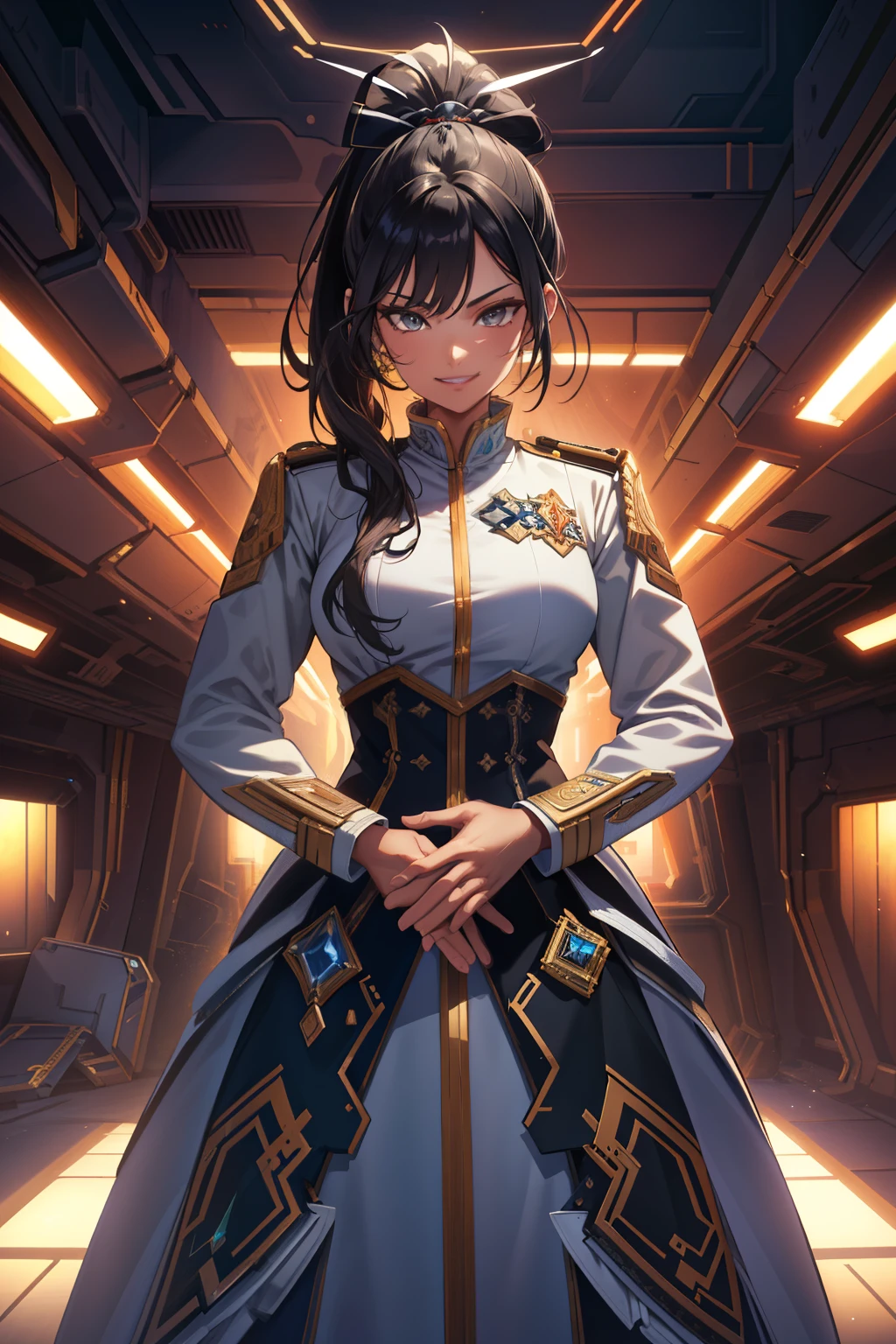 (extremely detailed CG unity 4k wallpaper),(masterpiece),(best quality),(ultra-detailed),(best illustration),(best shadow),(absurdres),(detailed background) Long Black hair (Pony tail), Grey eyes, Hands clasped elegantly, Insane smile, White dress uniform, light skin, Spaceship interior background, Standing at attention,