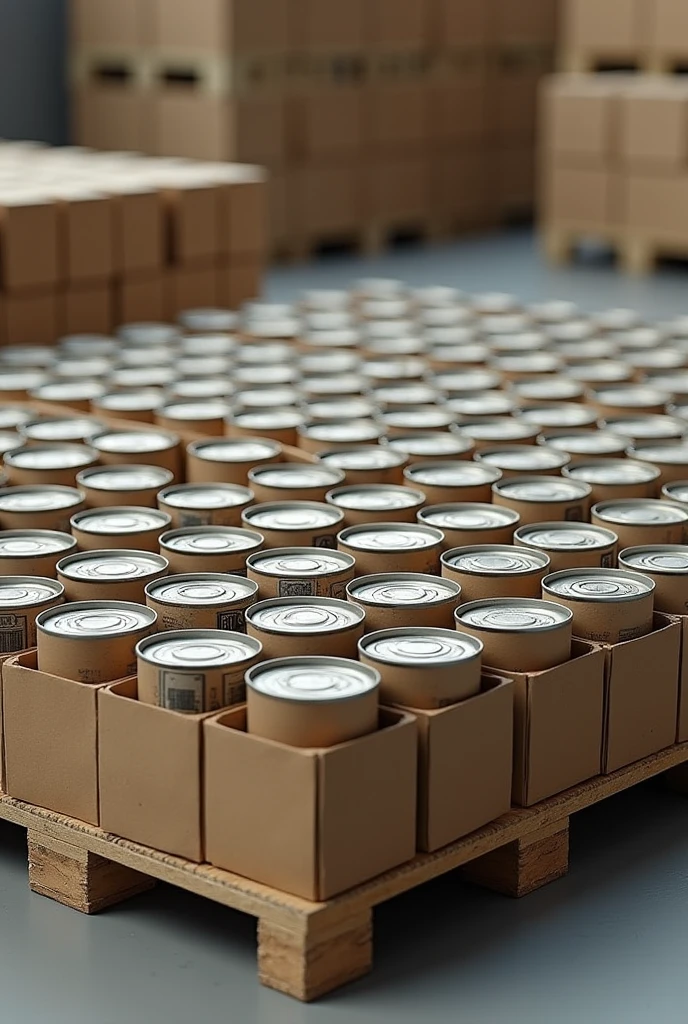 144 Cardboard trays with 12 tin cans on a wooden pallet