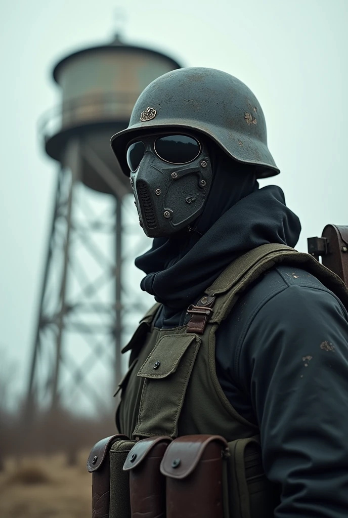 A man wearing a black cloth outfit, his face completely covered by an iron mask with glasses, wearing an M35 helmet, Wear a sun-protective jacket.
The scene is near a beautiful water tower.