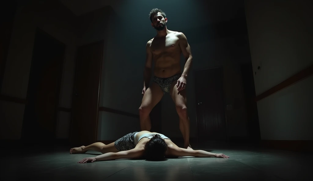 An man without clothes who is raping waman a and the girl in the floors is screaming, with the background being dark but not there face and body clearly visible there penis vagina