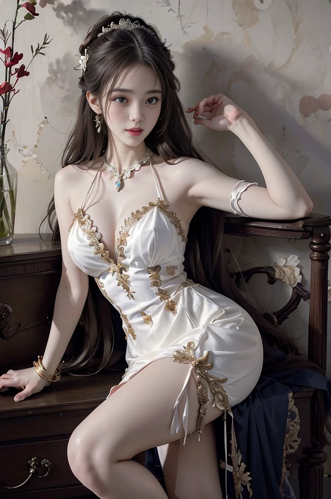 ta1,dress,flower((Girl lying in a bush))、Phalaenopsis,Lilac dendrobium、orange lily、White Lily, A beautiful and moving woman, in an elegant pose, her full breasts on display.,Visible cleavage,Sexy long legs,Variety of slim and cute beauties, Her long hair cascades down her shoulders like a waterfall。She smiles radiantly,Eyes sparkle,Her skin is flawless。Her curves are highlighted。Sparkle in the light,The colors are soft,She lay confidently,One hand on hip,Her posture is both graceful and strong。She wears elegant high heels,Goes well with her outfit。In the warm golden sun。The overall atmosphere of the image is tranquil and uplifting,Emphasizing natural beauty and elegance, Studio Lighting,Bright colors, Sweet maiden, sweet smile, make up,shy,Blush,Parted lips,Heavy breathing,moan,Surrealism,Realism,Movie Lighting,Relief,Sony FE GM,Retina,masterpiece,precise,Anatomically correct,Textured Skin,Super Detail,High Detail,best quality,rich and colorful