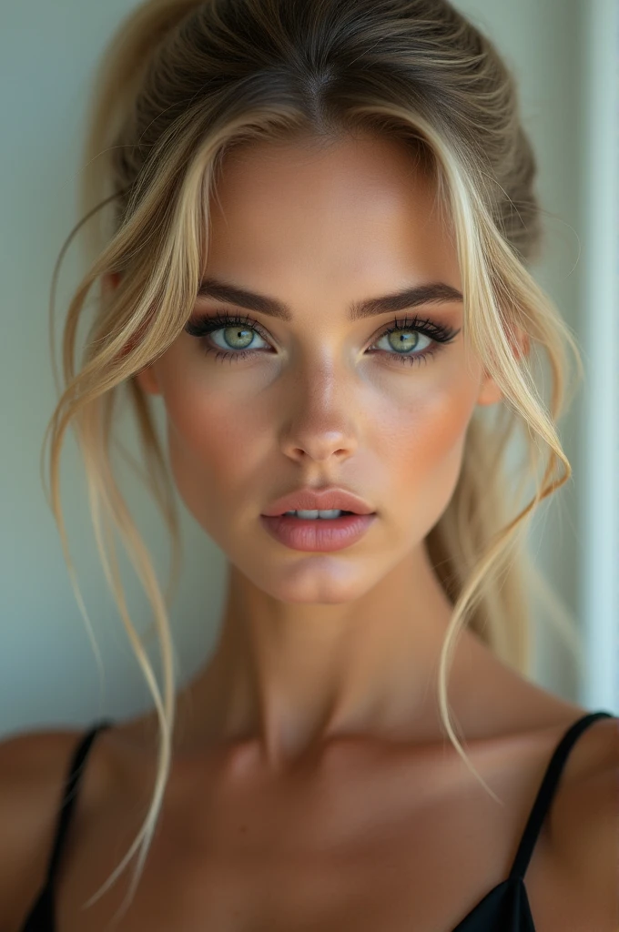 Blonde hair with sexy ponytail black eyes 