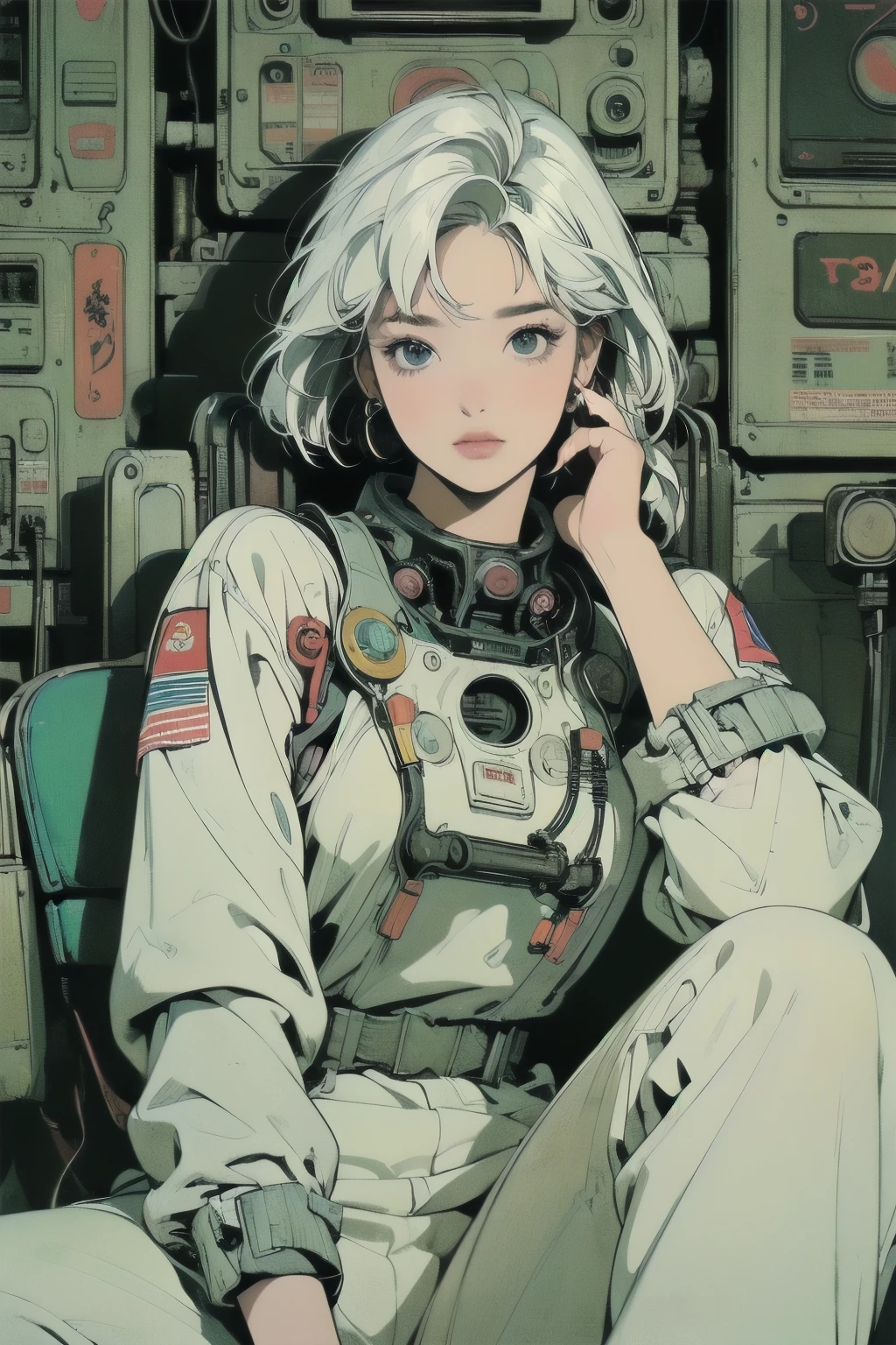 (((masterpiece, Highest quality)))、(((32K Wallpapers)))、The most detailed machine、((Outdated machinery and a woman)))、The most detailed background、(((Flat Chest)))、(((Surrounded by many complex, sophisticated, Outdated machinery)))、Upper Body、 (one person:1.2), ((Overall colorfully))、A perfect Outdated machinery、(((Perfect Face)))、(((The most complete Outdated machinery)))、Detailed Hair、(((White space suit)))、(((a lot of billboard))), (((Lots of cables)))、(((Sit on a chair)))、engine、white Hair、(((signal machine)))