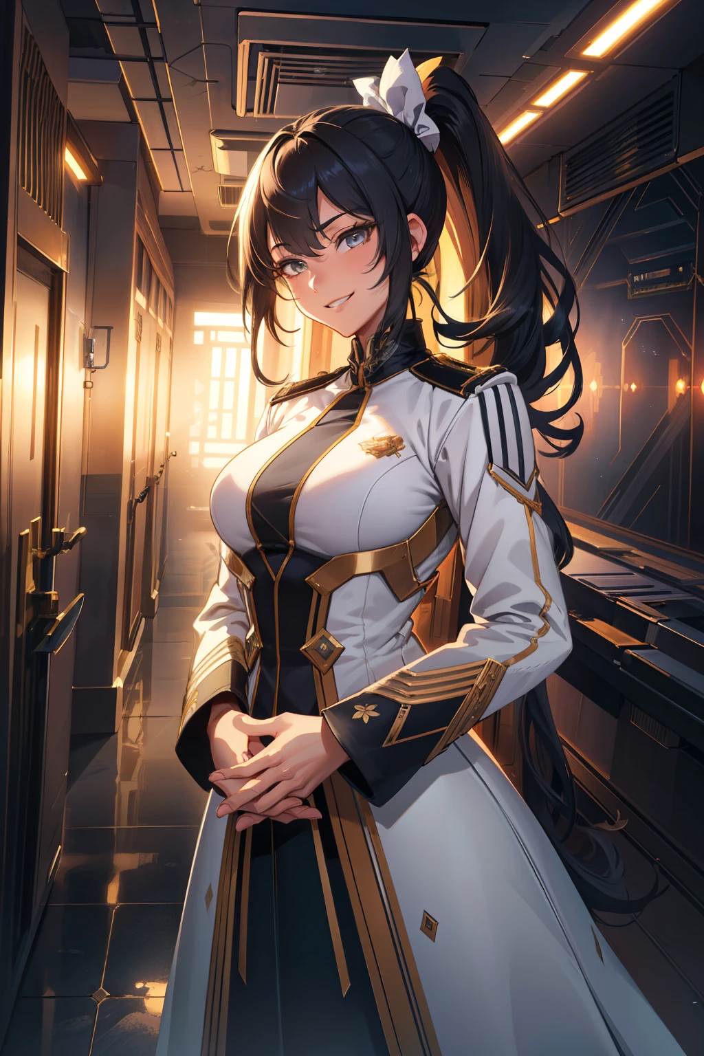 (extremely detailed CG unity 4k wallpaper),(masterpiece),(best quality),(ultra-detailed),(best illustration),(best shadow),(absurdres),(detailed background) Long Black hair (Pony tail), Grey eyes, Hands clasped elegantly, Insane smile, White dress uniform, light skin, Spaceship interior background, Standing at attention,